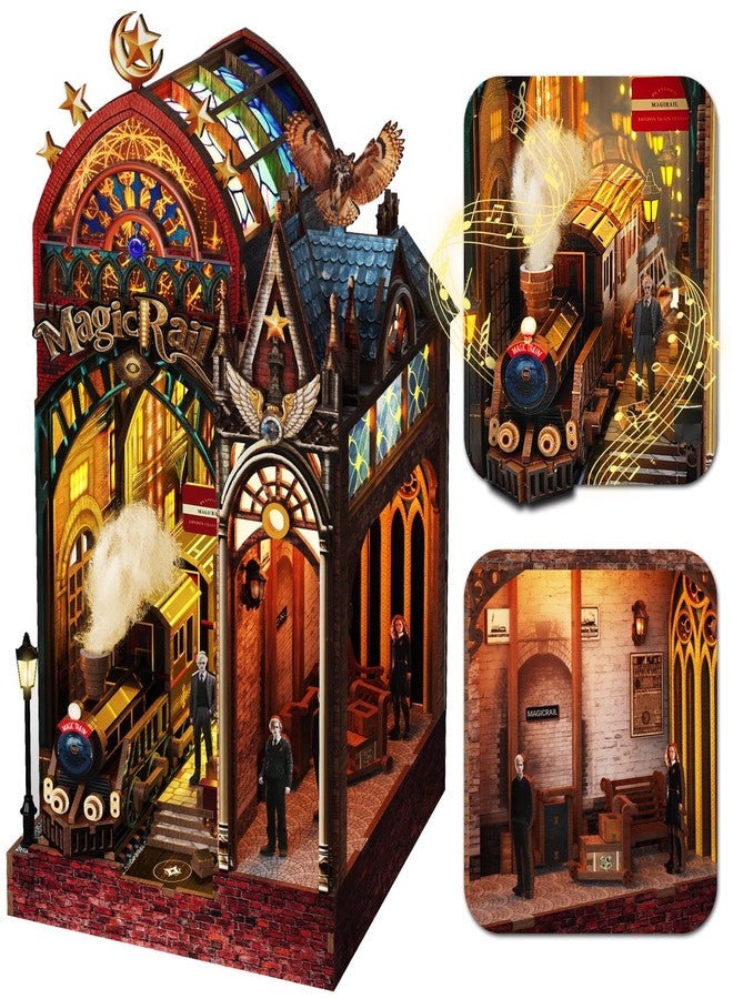 LYNNUO Magic Train Station Book Nook Kit, 3D Wooden Puzzles for Adults with LED Light and Sound, Enchanted DIY Miniature Bookshelf Decor Experienced Players, Magical Book Gifts for Adults - Image 1